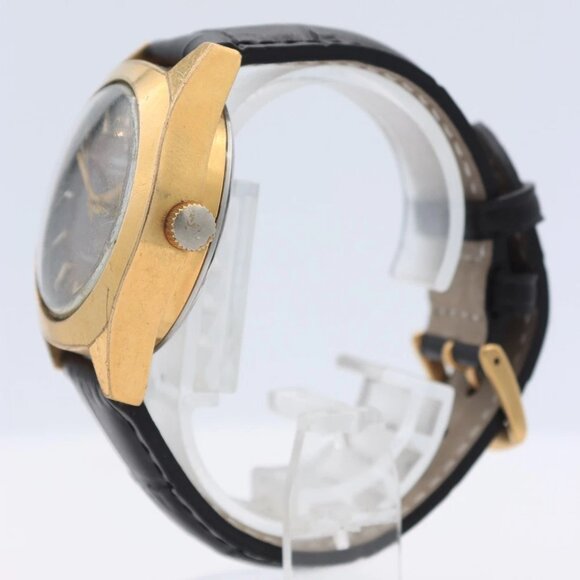 Vintage Stellaris Brown Sunburst Day Date Men\'s Electronic Wristwatch Gold Tone